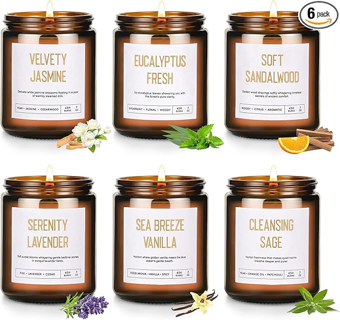 Scented Soy Candles Set for Women - 6 Pack 42oz 300Hour Candle for Home Scented, Lavender Vanilla Eucalyptus Sage Jasmine Sandalwood, Natural Soy Wax Aromatherapy Candles ﻿