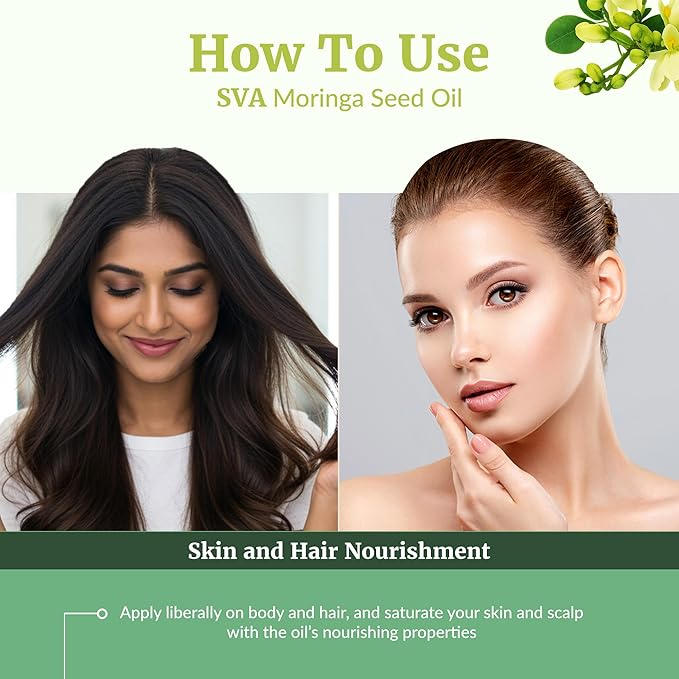 SVA Moringa Seed Oil - 4 Fl Oz – 100% Natural Cold Pressed Moringa Oil - for Face, Skin Care, Hair Care, Scalp Massage & Body Massage – Carrier Oil with Dropper
