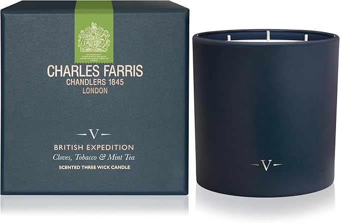 Charles Farris Luxury Scented Candle – 3 Wick, Hand-Poured, Long Lasting, Clean Burning, 640g / 22.5oz, Up to 80 Hours of Burn Time, Made in England – Cloves, Tobacco & Mint Tea – British Expedition
