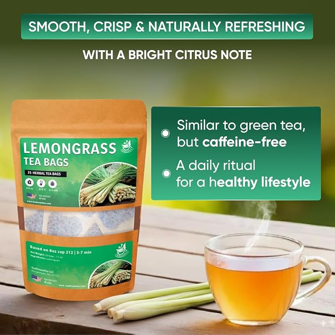 Lemongrass Tea Bags - 25 Bags (Premium Natural Pure Leaf Tea - 25 Count) Gluten-Free and Caffeine-Free Herbal tea for Relaxation, Wallness, Immune Support with Smooth Taste
