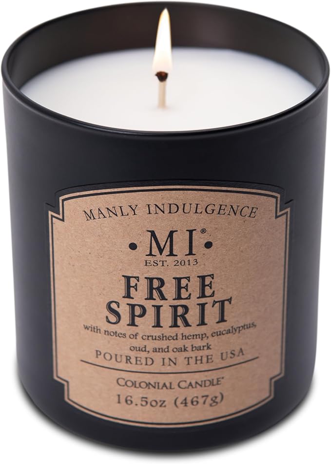 Manly Indulgence Free Spirit Scented Candles for Men, 16.5 oz Single Wick, Premium Soy Blend Wax, 60H Burn, Candles for Home Scented – Made in The USA