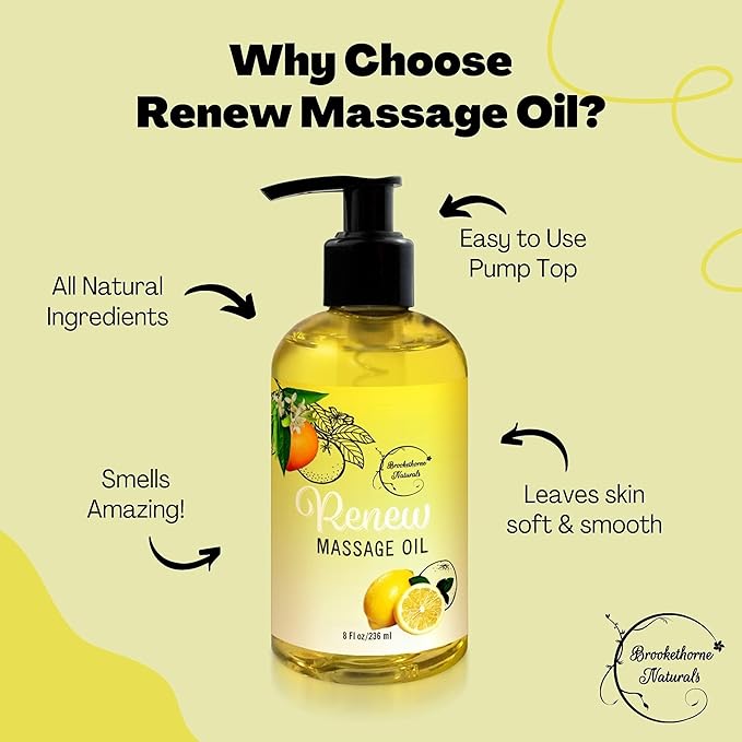 Renew Massage Oil with Orange, Lemon & Peppermint Essential Oils - Great for Massage Therapy or Home use. Ideal for Full Body – with Almond, Grapeseed & Jojoba – by Brookethorne Naturals