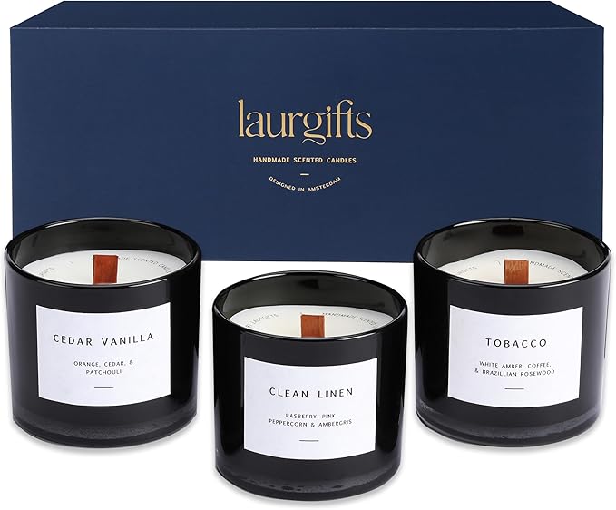 Scented Candles for Men – Masculine Candle Gift Set of 3 with Tobacco, Cedar Vanilla & Clean Linen – Luxury Navy Candles Gift Box, Birthday Gifts for Men, Candles for Boyfriend, Christmas Gifts