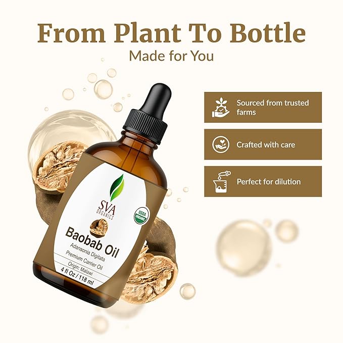 SVA Baobab Seed Oil Organic - 4 Fl Oz – 100% Natural Cold Pressed Organic Baobab Oil - for Face, Skin Care, Hair Care, Scalp Massage & Body Massage – Carrier Oil with Dropper