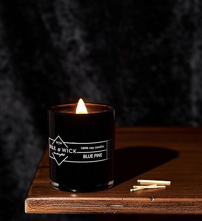 Wax and Wick 12oz Scented Candle for Men, 100% Soy Wax, Double Wood Wick, Black Jar, Blue Pine Scent, Long Lasting, Masculine Scents, Perfect for Home, Mancave, Bachelor Pad, Men's Gift - Made in USA