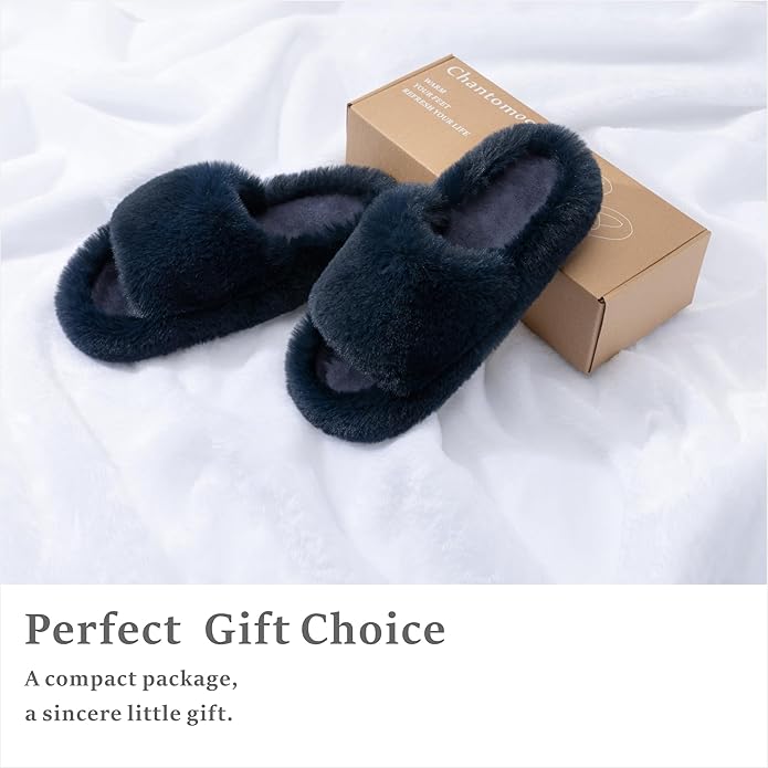 Chantomoo Women's Blue Memory Foam Faux Fur Lined Open Toe Slippers for Women - US 12