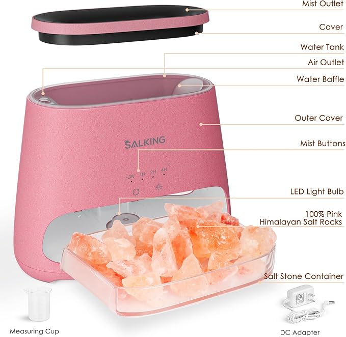 SALKING 2-in-1 Himalayan Salt Lamp & Ultrasonic Essential Oil Diffuser, Aromatherapy Diffuser Cool Mist Humidifier, Salt Therapy Lamp, 100% Pure Himalayan Salt, Ambient Glow, 150ml (Hot Pink)