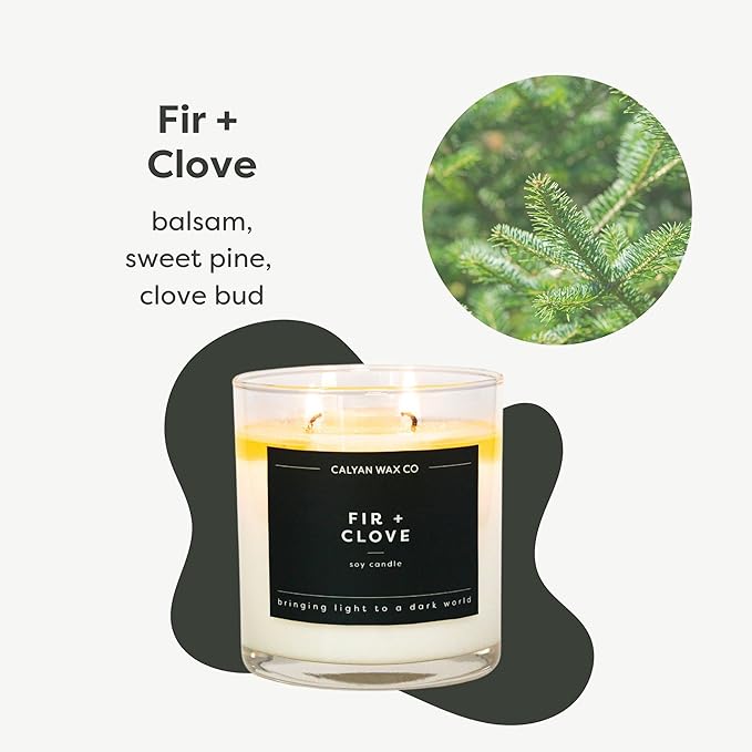 Calyan Wax Co. Fir & Clove 2 Wick Scented Candle - 37 Hour Burn - Luxury Non Toxic Soy Wax Candles - Long Lasting Large Glass Jar Candle for Home - 8.8oz