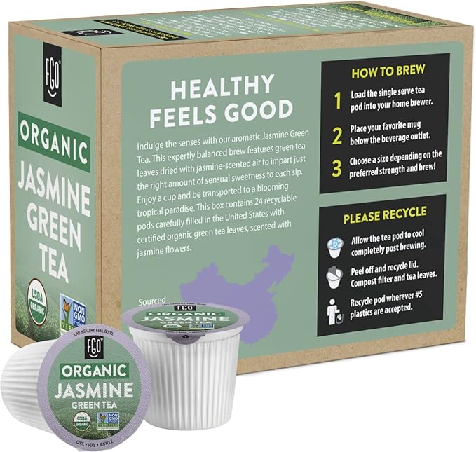 FGO Organic Jasmine Green Tea K-Cup Pods for Keurig, 24 Count (Pack of 1), Premium Green Tea is USDA Organic, Non-GMO, & Recyclable with Naturally Occurring Caffeine