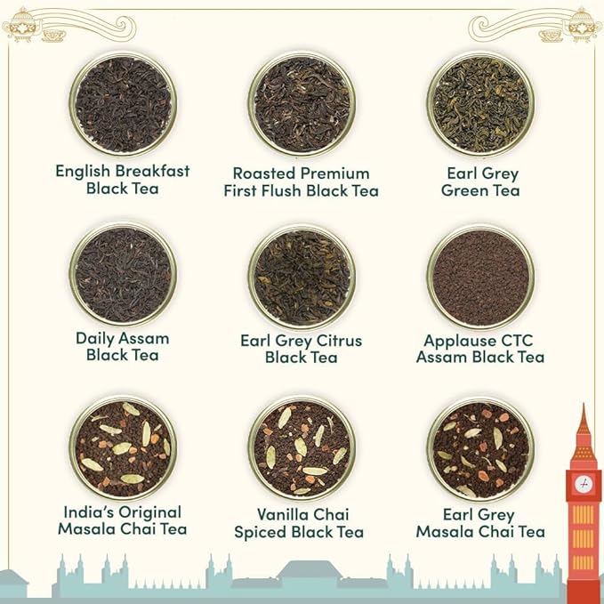 VAHDAM Weekend in London Tea Gift Set Travel Edition Gift Box | 9 Varieties of Chai & Black Tea | Gluten-Free, Non-GMO | Gift for Women & Men