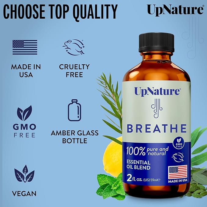 UpNature Breathe Essential Oils Blend (Large 2oz) Essential Oils for Diffusers for Home Humidifier Vaporizer Liquid, Eucalyptus and Menthol Blend, Aromatherapy Oils