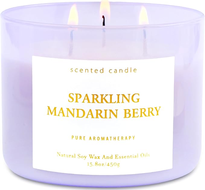 Sparkling Mandarin Berry 3-Wick Scented Soy Candle 15.8 oz | Large Citrus & Fruit Candle for Home Relaxation | Aromatherapy Stress Relief Candles | Long-Lasting Clean Burn