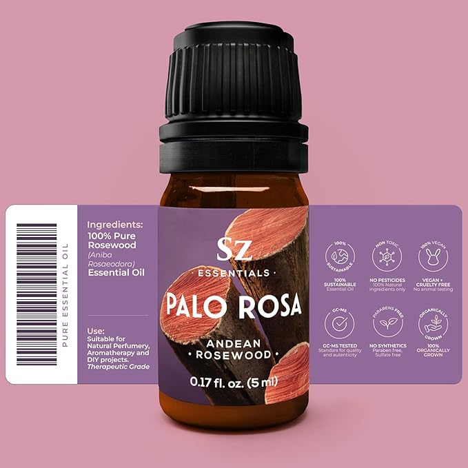 Palo Rosa Essential Oil - Peruvian Rosewood (Aniba Rosaeodora) - 100% Pure & Natural - Rich & Woody Scent, with Fresh Overtones - Therapeutic Grade & Vegan - 0.17 Fl Oz (5ml)
