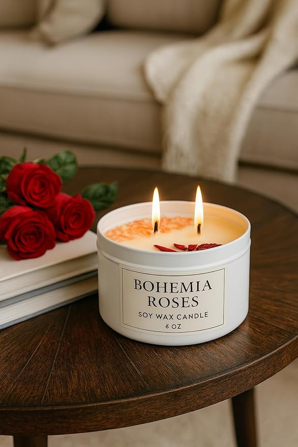Aqua MARR Handcrafted Bohemia Roses Soy Wax Candle, 8 oz Dual-Wick Soy Candle with Dried Rose Petals, White Metal Container