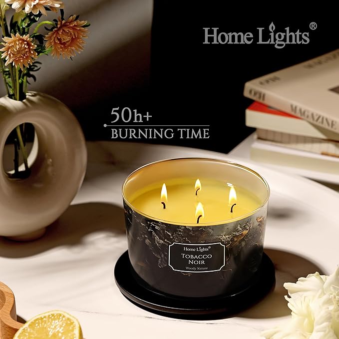 HomeLights Scented Candles for Women & Men, 18oz Candle Jars Aromatherapy 4-Wick Candle, Ideal for Industrial Chic Home Decor and Gifts, Tobacco Noir Fragrance