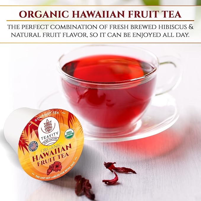 Organic Hibiscus Sabdariffa Tea Pods with Peach, Mango, & Passionfruit - Naturally Decaf Tea - Hawaiian Fruit Tea by Teavity (24 Tea Pods)