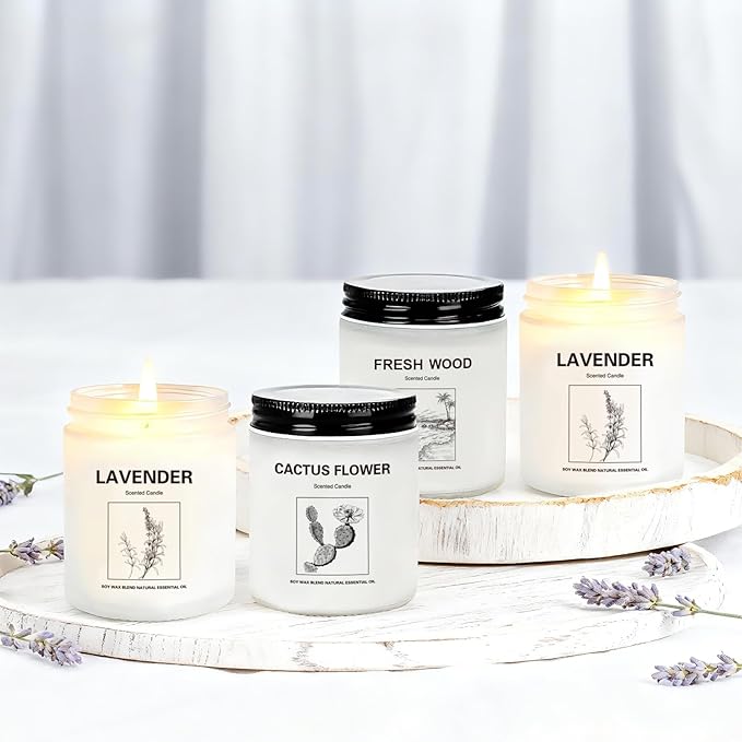 4 Pack Soy Wax Candle Gift Set – Long Lasting Aromatherapy Candles for Home, Lavender, Cactus Flower & Wood Scents, Natural Relaxing Spa Candles for Women