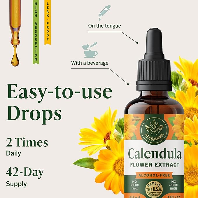 HERBAMAMA Calendula Tincture - Vegan Antioxidant & Detox Support with Calendula Extract Drops - Non-GMO, Alcohol & Sugar-Free Liquid Supplement, 42-Day Supply