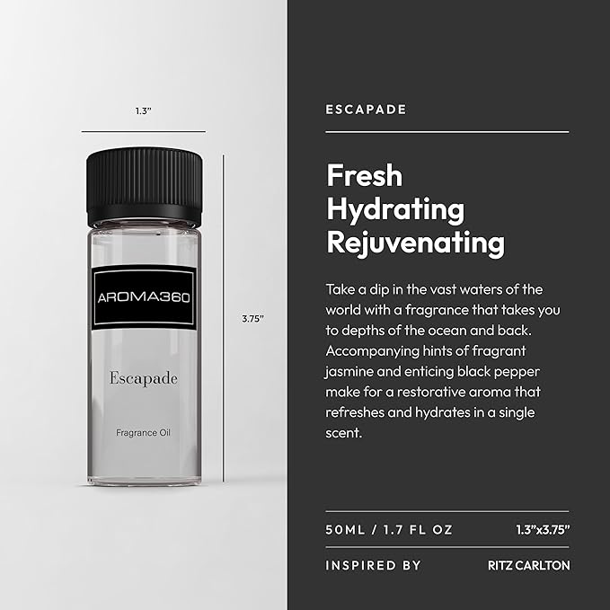 Aroma360 - Escapade Fragrance Oil Scent - Luxury Aromatherapy Scent Diffuser Oil - Hints of Lemon, Ocean, Bergamot, & Fragrant Jasmine - for Essential Oil Diffusers - for Home & Office - 50ML