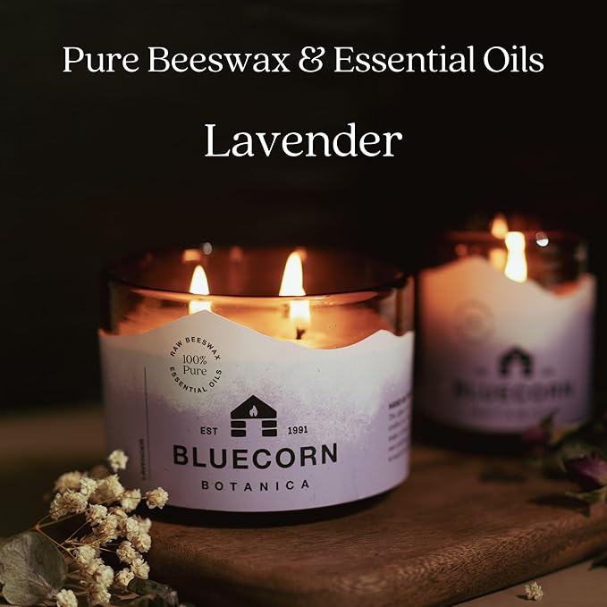 Bluecorn Beeswax Large 3-Wick Candle, 100% Pure Beeswax & Lavender Essential Oil, Amber Glass, Soy Free, Clean Burning Candle Wax, Long Lasting, Home Decor, American Made, 8 Oz, 1 Count