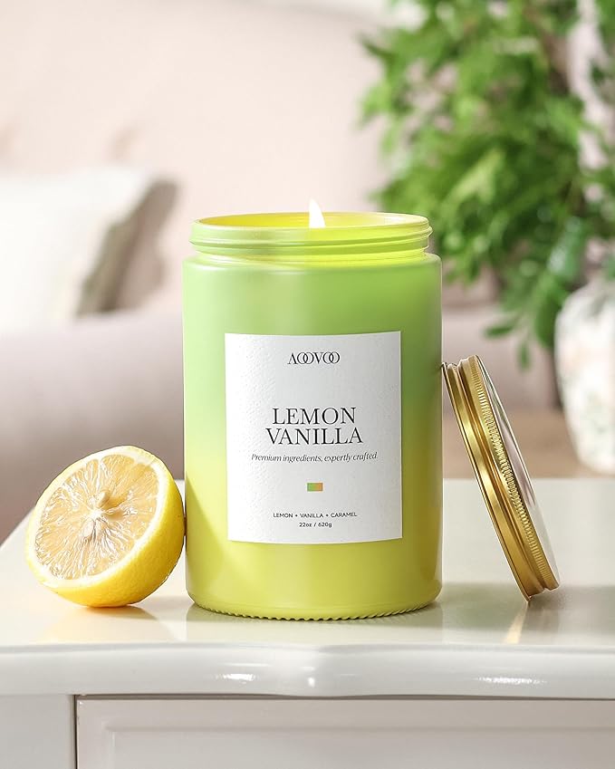 AOOVOO Lemon Vanilla Candles - Scented Candle Gift for Women, 22 oz Large Soy Candle, 120 Hours Burn, Jar Candle for Home Scented, Relaxing, Stress Relief Candles