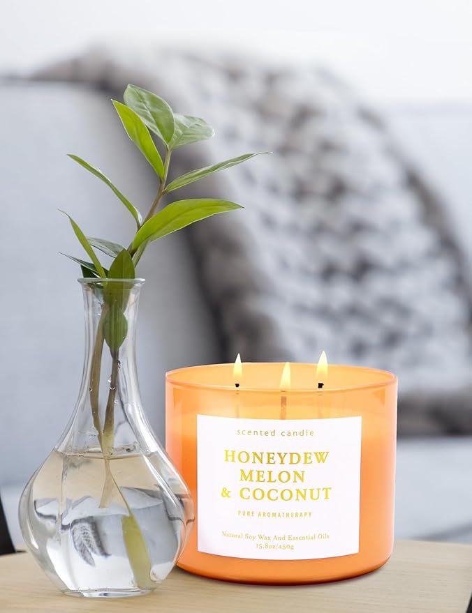 Honeydew Melon Coconut 3-Wick Soy Candle, 15.8 oz | Large Melon Coconut Fruity Scented Candle for Home | Highly Scented Aromatherapy Candle for Relaxation & Stress Relief | Gift for Women & Men