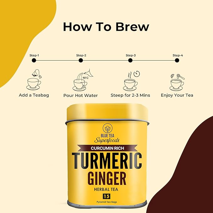 BLUE TEA - Turmeric Ginger Tea - 15 Count - Pyramid Plant Based Tea Bag | CURCUMIN RICH - HERBAL BLEND | Herbal Tea - Caffeine Free - Non-GMO - Vegan - Earthy Flavor - Healthy | Reusable Tin Pack