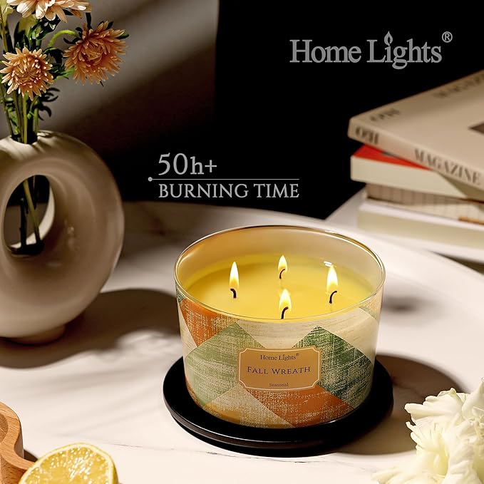 HomeLights Soy Wax Candles for Home Scented, 4-Wick Candles in Fall Wreath Scented, Rustic Modern Aromatherapy Candles Gift for Parties, Relaxing, 18oz
