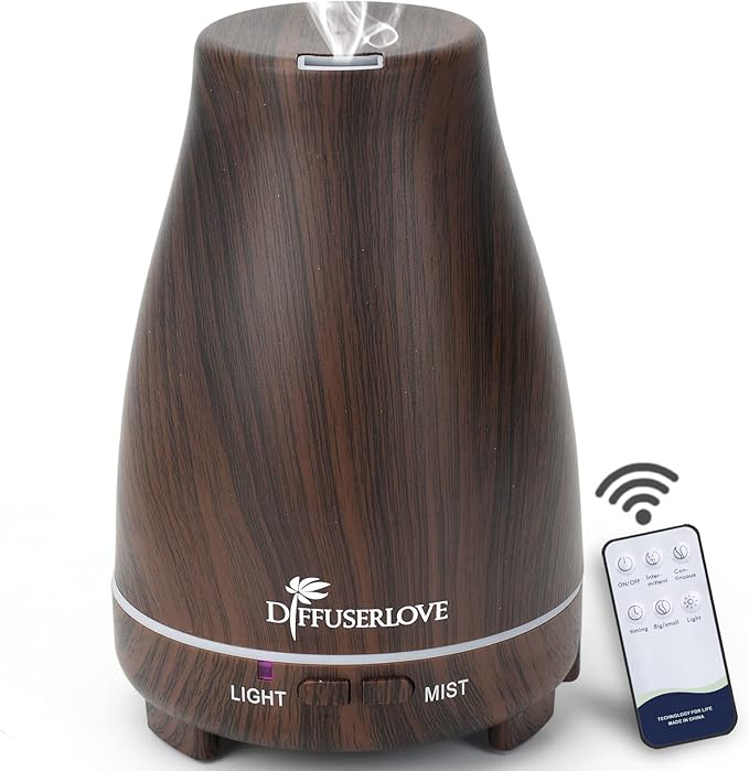 Diffuserlove Essential Oil Diffusers 200ML, Remote Control Aromatherapy Diffuser with 7 Color Lights, Auto Shut-Off for Bedroom Office Kitchen (Black Wood Grain)