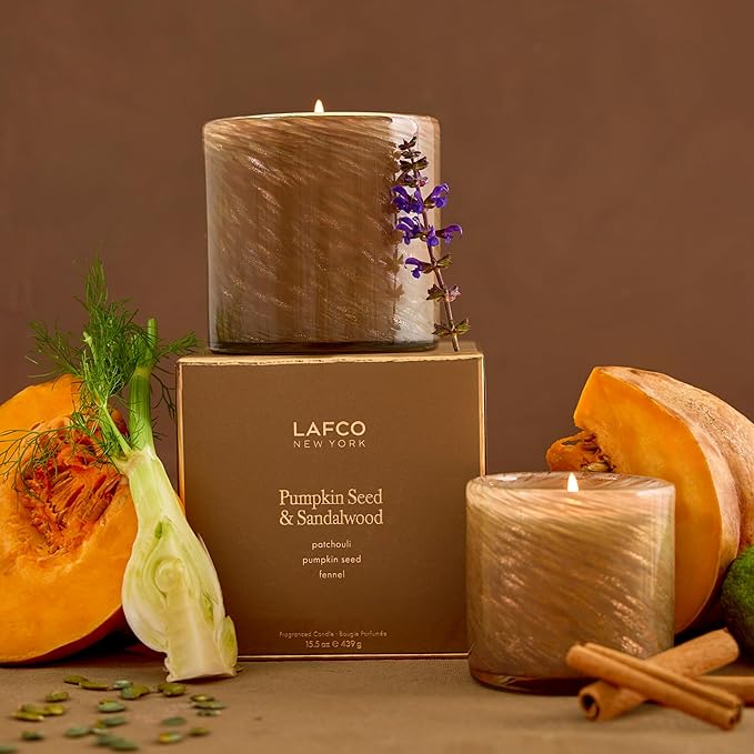 LAFCO New York Fall Classic Candle, Pumpkin Seed & Sandalwood - 6.5 oz - 50-Hour Burn Time - Reusable, Hand Blown Glass Vessel - Made in The USA