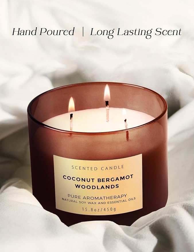 Coconut Bergamot Woodlands 3 Wick Soy Scented Candle 15.8 oz | Creamy Coconut & Balsam Woods Candle for Home | Aromatherapy Stress Relief Candle for Men & Women | Long Lasting 3 Wick Soy Candles
