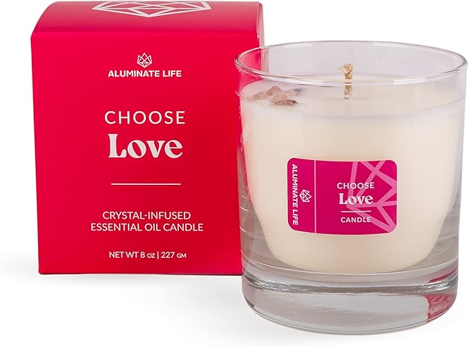 Luxury Glass Jar Candle, 8 OZ, Choose Love - Valentine's Day Gift Rose Quartz Crystal Infused - Scents of Jasmine, Magnolia, Oakmoss & Cedarwood - Intense & Deep Affection