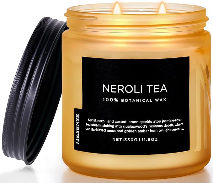 M&SENSE Neroli Tea Scented Candle - 11.6oz Natural Soy Wax Non Toxic 70-Hour Burn, 2-Wick Citrus Scent Candle for Stress Relief & Relaxation - Slow-Burning Home Fragrance Gift for Holiday