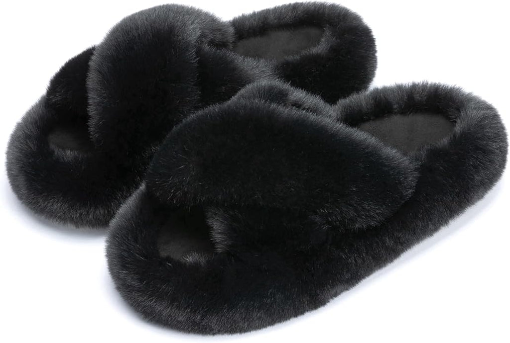 Chantomoo Women's Blue Memory Foam Faux Fur Lined Open Toe Slippers for Women - US 12