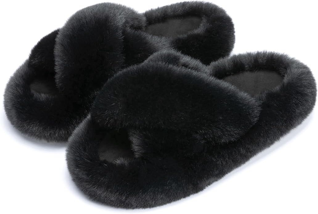 Chantomoo Women's Blue Memory Foam Faux Fur Lined Open Toe Slippers for Women - US 12