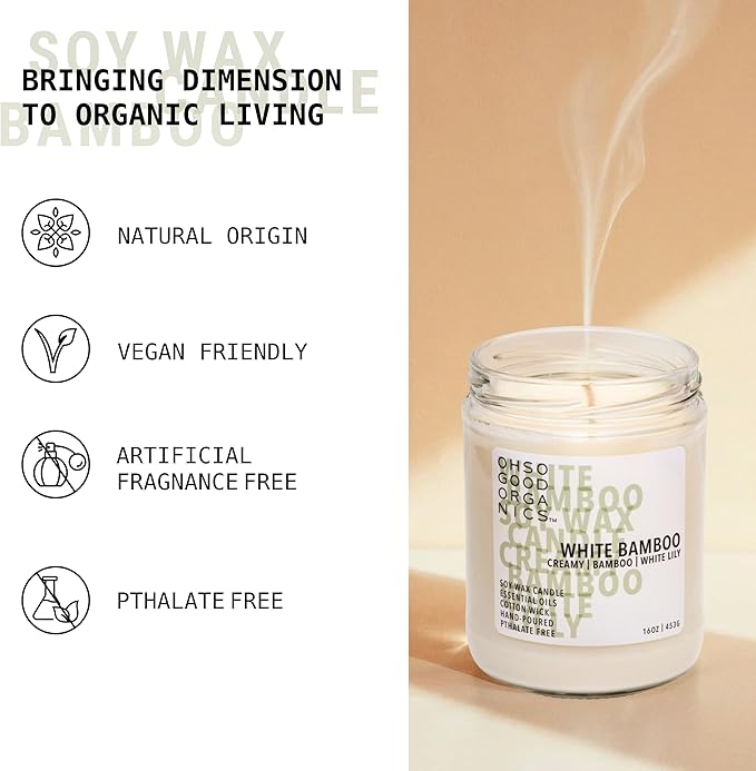 Scented Soy Wax Candle for Home, White Bamboo Candle and Lily, Essential Oils, Soy Candles Non Toxic, Aromatherapy Candles, 16oz, 60 Hours Burn Time, Fresh Bamboo and Green Floral Scent