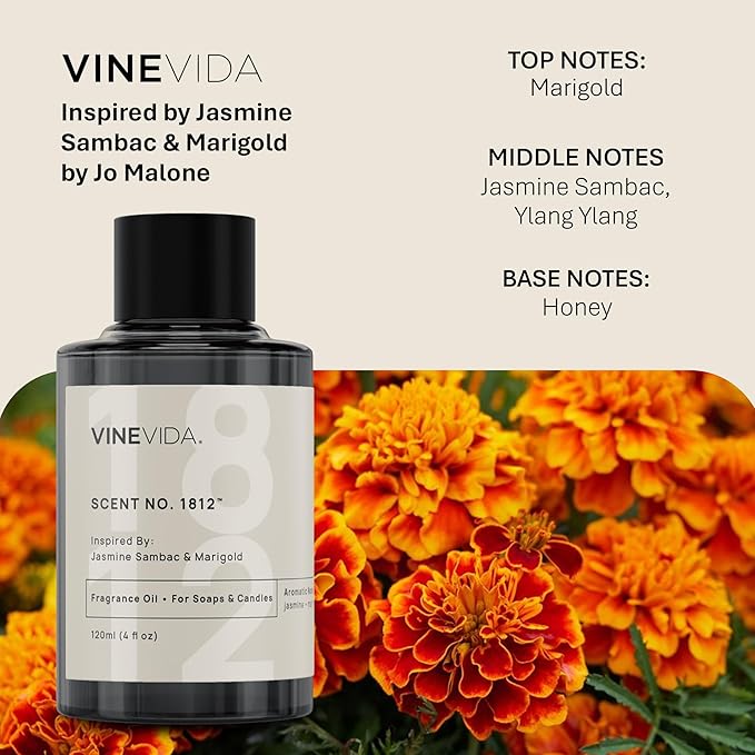 VINEVIDA [120mL] Jasmine Sambac & Marigold Fragrance Oil for Candle Making - Natural Candle Oil Scents - Soap Making Essential Oil - Made in USA