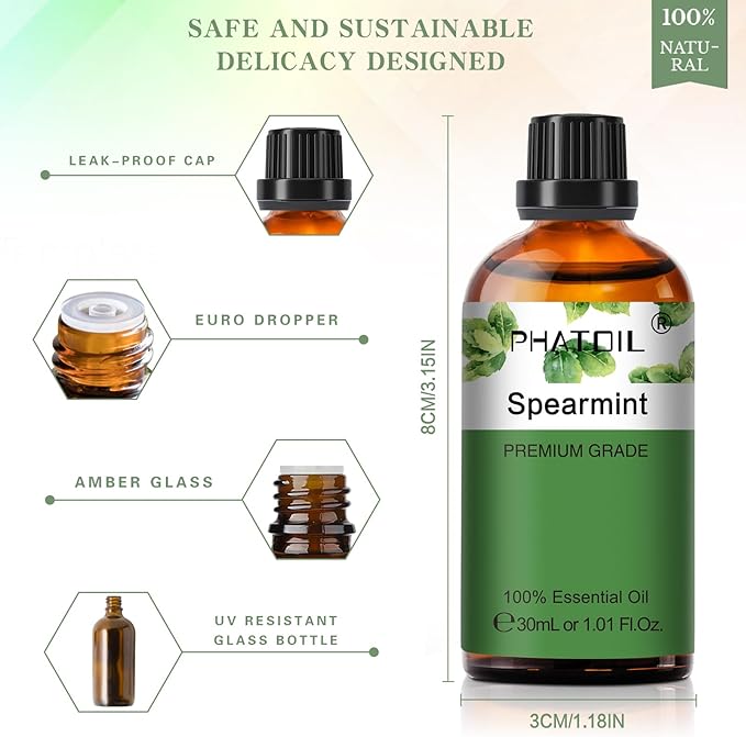 Spearmint 1.01fl.oz Essential Oil, PHATOIL Pure Aromatherapy Oils for Diffuser, Humidifier, Perfect for DIY Soap, Candle, Bath Bombs Making(30ml)