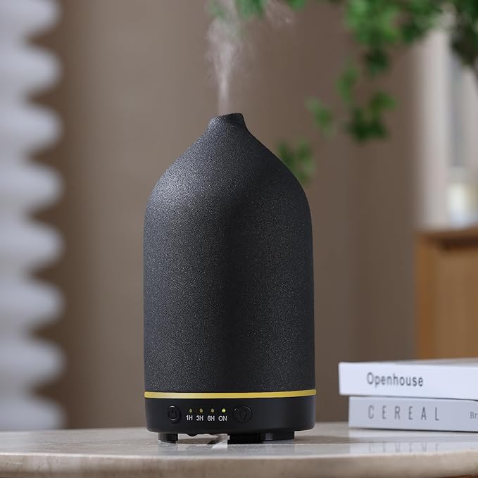200ML Ceramic Essential Oil Diffuser - Ultrasonic Aromatherapy & Humidifier with 7-Color LED Lights, Auto Shut-Off, Black, 1H/3H/6H Timer | Scent for Home, Office, Yoga
