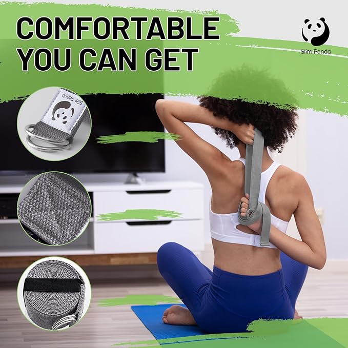 Slim Panda Yoga Strap for Stretching,Cotton Yoga Strap with Adjustable D-Ring Buckle,Non-Elastic Yoga Belt for Pilates,Gym Workouts,Physical Therapy,Improve Flexibility