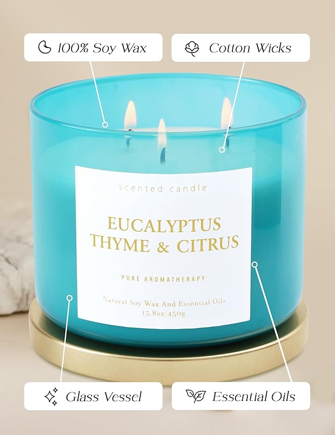 Eucalyptus Thyme Citrus 3-Wick Soy Scented Candle, 15.8 oz Large | Scented Candles for Home | Spa Aromatherapy Eucalyptus Candle