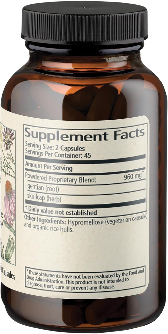 Wise Woman Herbals Gentian & Skullcap Digestion Support Supplement, Non-GMO, Bloating & Indigestion Relief, Supports GI Motility & Gut Comfort, Mood Balance, 90 Veg Caps