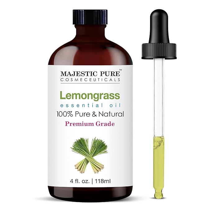 Majestic Pure Essential Oil with Glass Dropper - 100% Pure and Natural - Essential Oils for Diffuser, Aromatherapy, Soap and Candle Making, Lemongrass Essential Oil, Lemongrass Oil, 4 Fl Oz