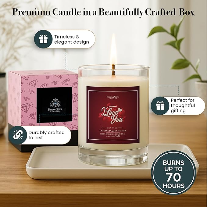 I Love You Surprise Candle with Diamond Inside | Foreverwick Candles | Scented Soy Candles Gifts for Women Anniversary Candle Wax | Romance Candles All-Natural Organic Soy Candle 14oz | 70h