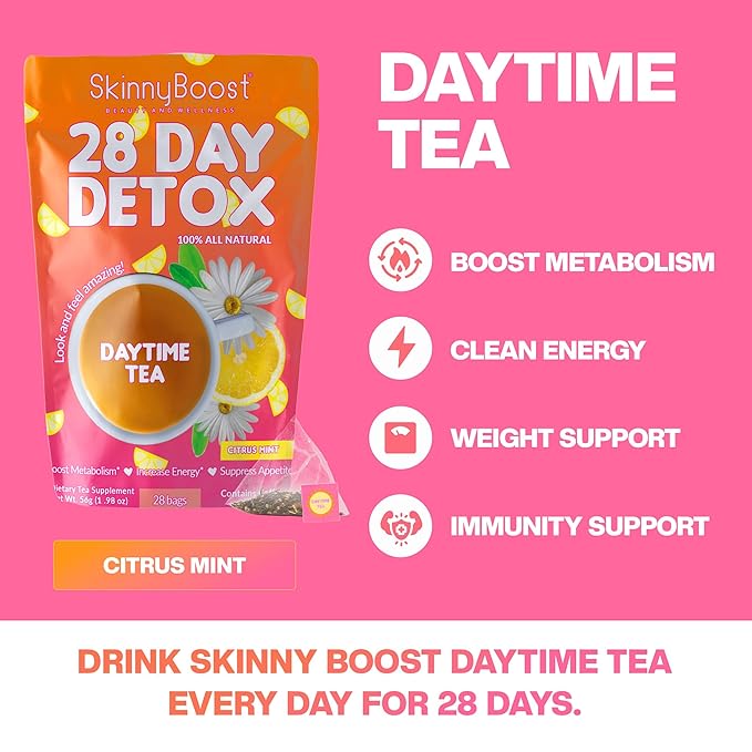 SkinnyBoost 28 Day Detox Tea Kit – Natural Cleansing & Bloating Support – 3 Pack - 28 Daytime Tea Bags & 14 Evening Tea Bags – Green Tea & Herbal Blend – Non-GMO, Vegan, Keto-Friendly, Sugar-Free