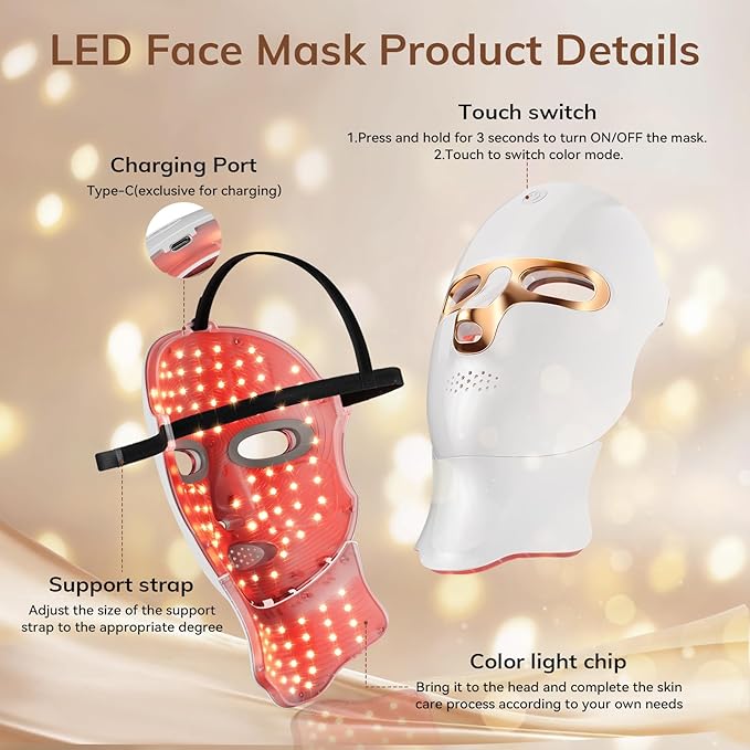 Red Light Therapy Mask for Face,Cordless LED Face Mask Light Therapy,USB C Rechargeable,Infrared Lights Masks for Home Working Travel Yoga Sleep