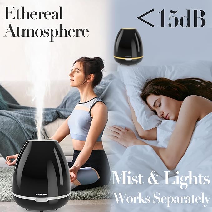 300ml Essential Oil Diffuser & Cool Mist Humidifier - Ultra-Quiet Ultrasonic Aromatherapy for Bedroom, 7 Color Night Light, BPA-Free, Auto Shut-Off, Up to 12H Continuous Mist(Black)