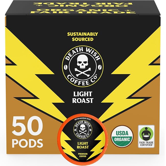 Death Wish Coffee, Organic and Fair Trade, Light Roast Coffee Pods (50 Count)