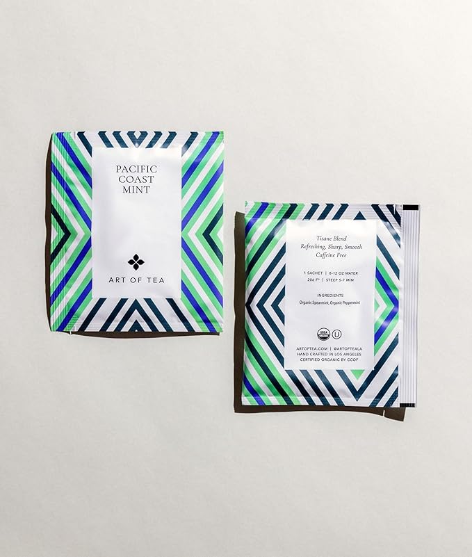 Art of Tea | Organic Pacific Coast Mint (Naturally Caffeine Free) | 50 Eco Friendly Pyramid Peppermint Tea Bags | Herbal Tea Bags