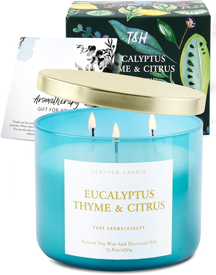 Eucalyptus Thyme Citrus 3-Wick Soy Scented Candle, 15.8 oz Large | Scented Candles for Home | Spa Aromatherapy Eucalyptus Candle